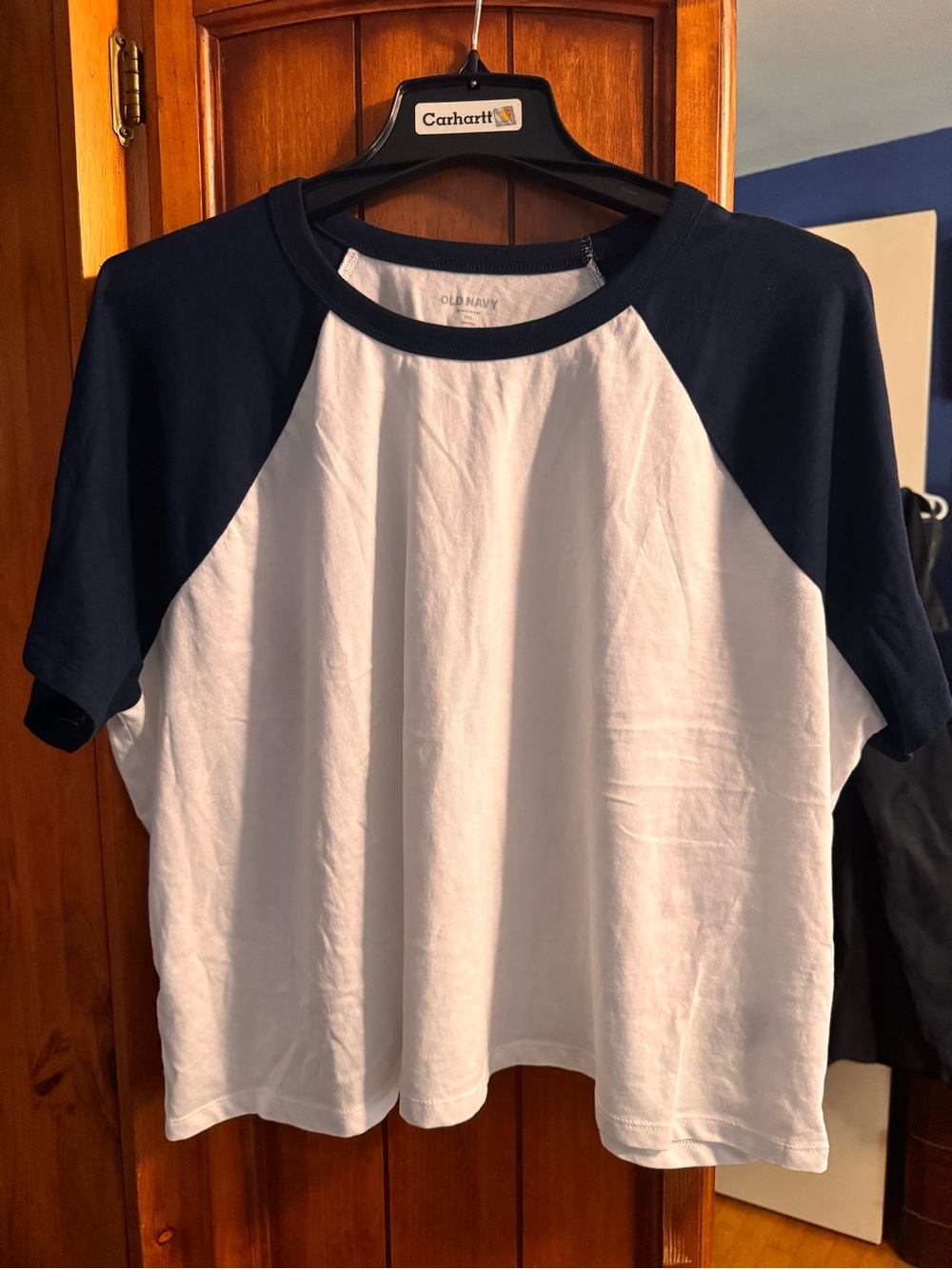 Old Navy White and Navy Raglan Short Sleeve Tee